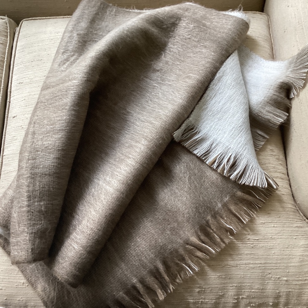 SOFT ALPACA BLEND REVERSIBLE BEIGE & LIGHT GREY PLUSH  LARGE SCARF/WRAP